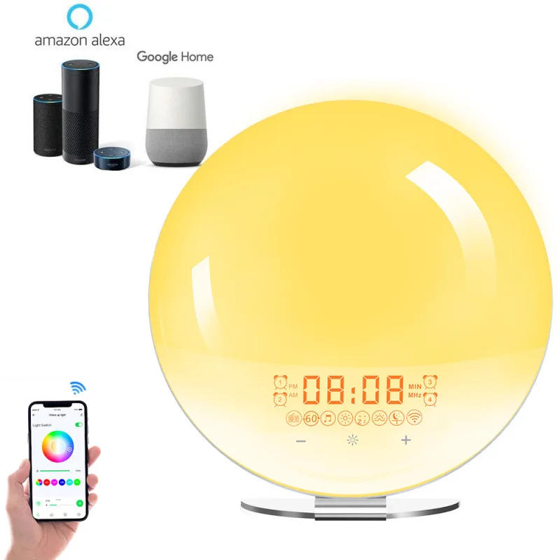 

Smart WIFI Voice Control Alarm Clock Wake Up Light App Sunrise Sunset Wake Up Light Bedside Table Lamp Clock