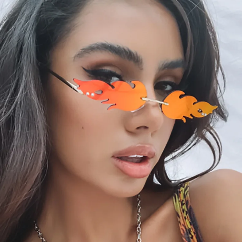 

Fashion 2022 Small Rimless Crazy Party Sun Glasses Fire Flame Shape Sunglasses Women