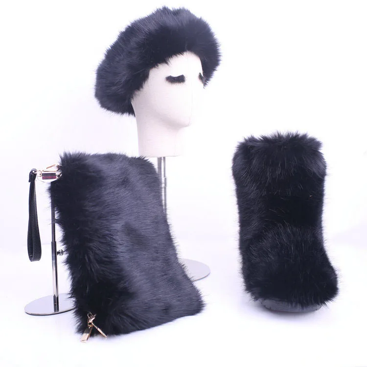 

2020 Winter black fashion designer lady girls sets women's snow women furry fur boots with headband and bag purses, Customized color