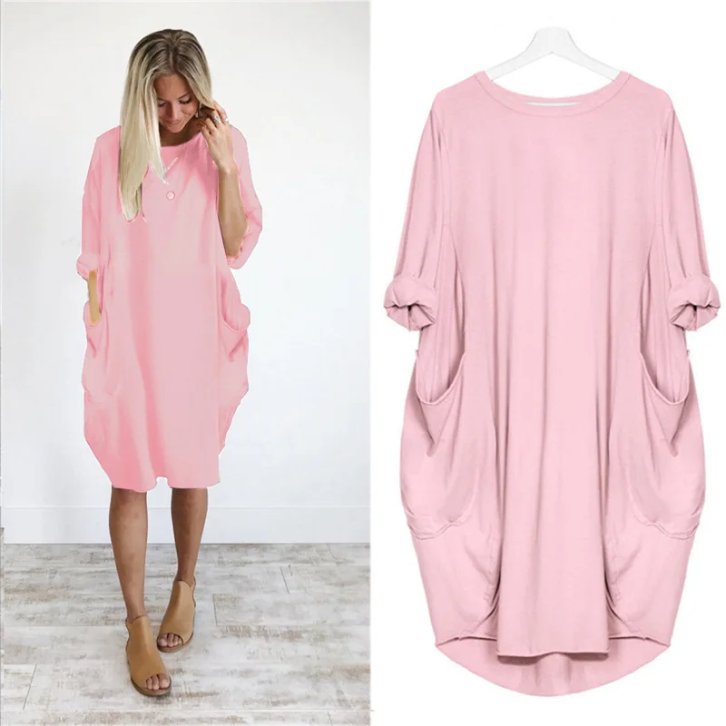 

Womens Plus Size Spring Long Sleeve Pockets Loose Baggy Midi Dress Solid Color Crew Neck Oversized Loose Tunic Tops S-5XL