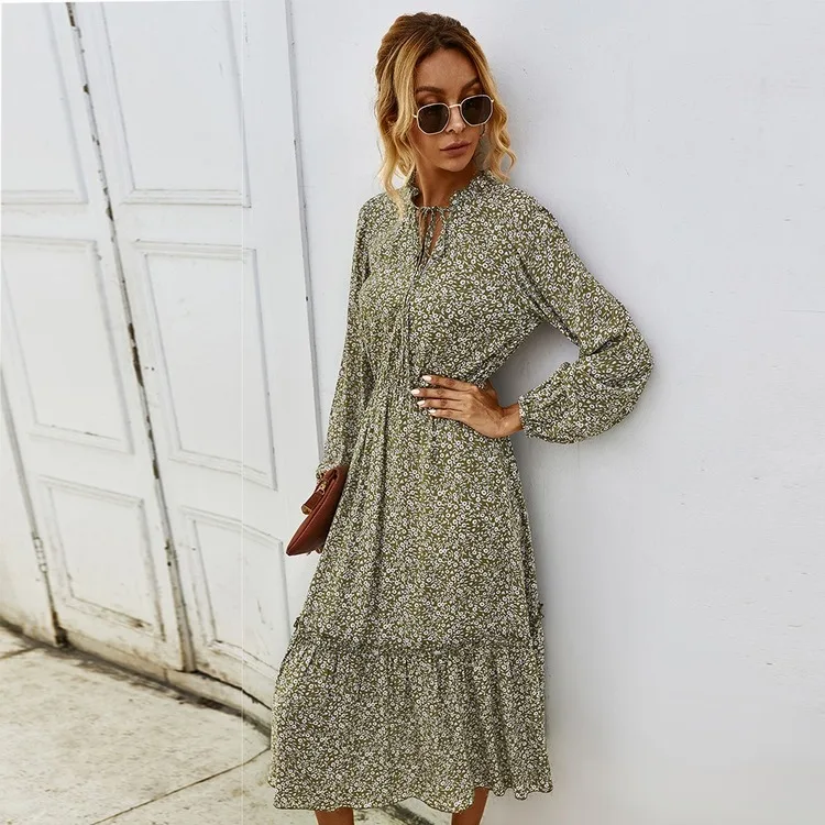 

Vintage Women Floral Dress With Belt Long Sleeve V Neck Airy Chiffon Feminine Dress Fall Spring 2020