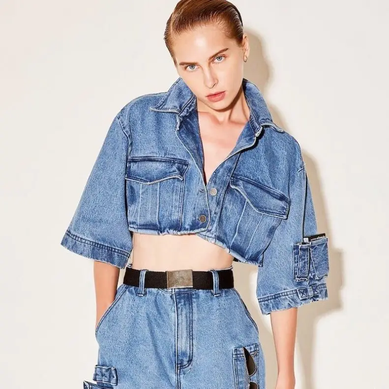 2019 Ladies oversize denim Blazer crop top women boutique tops punky street biker jeans coat Women pocket denim jacket