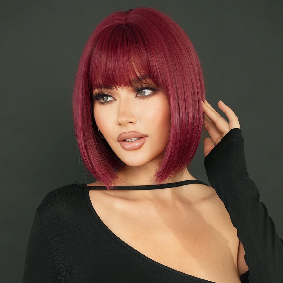 Short Bob Straight Wig with Bangs 12in Short Natural Red Yaki Wig Synthetic Heat Resistant Burgundy Red Hair for Party Cosplay