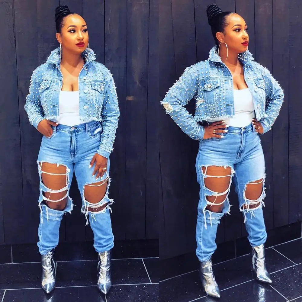 

Autumn Women Denim Jacket Coat Heavy Beaded Rivet Short Jeans Jackets Vintage Basic Coats Outfit Plus Size Y12338