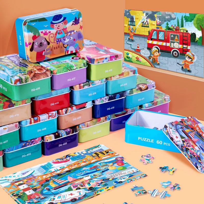 

Wooden Jigsaw Puzzle Cartoon Puzzle Game Educational Learning Toy Games PVC for Children Kid Different Style 60 Pcs in 1 Box