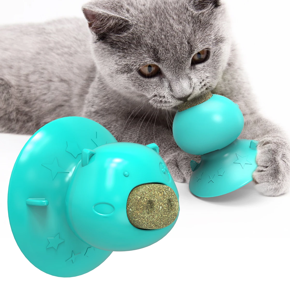 

2021 Hot new products pig shape suction cup cleaning chew pet cat toy Multi-functional Catnip Cat Toy with Suction Cup, Lake blue, yellow, green