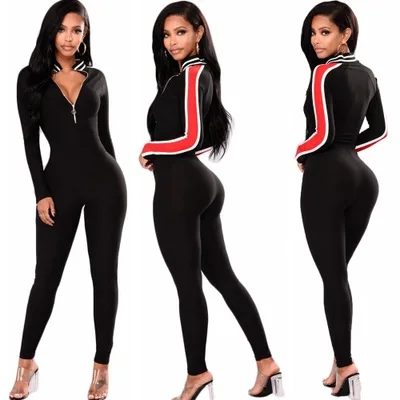 

CL-140 New Arrival Autumn Long Sleeve Casual One Piece Jumpsuits Bodycon Black Jumpsuit for Women, As picture show