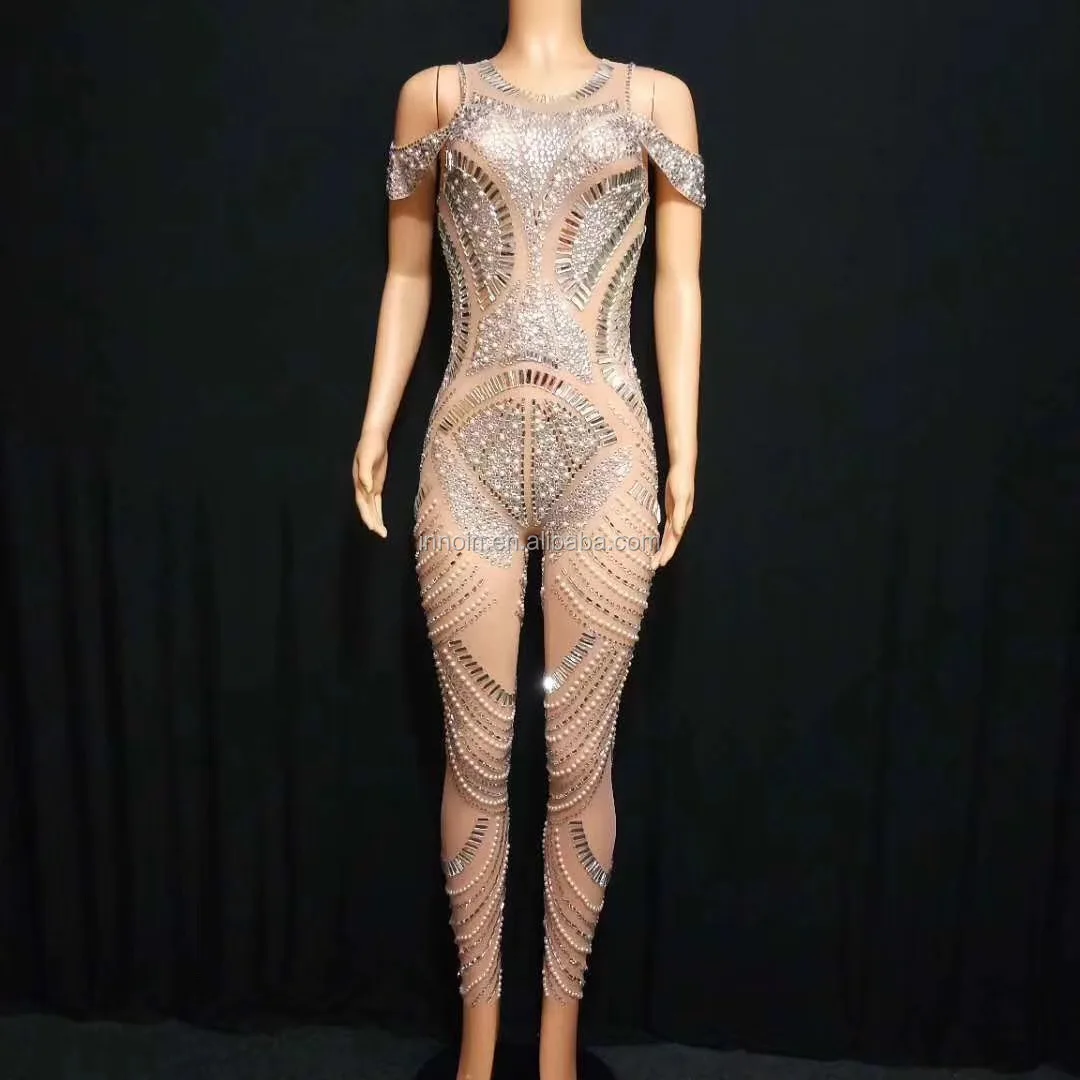 

Silver Sparkly Rhinestone Dance Jumpsuit Women Festival Celebrate Perspective Sexy Bodysuit Singer Stage Costume Evening Wear