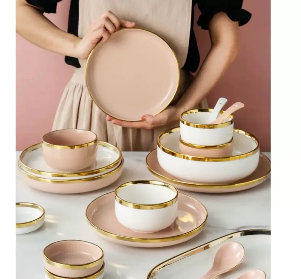 

HY Gold Inlay Ceramic Dinner Plate Luxury Gold Edges Plate Dinnerware Kitchen Plate Pink Tableware Sets