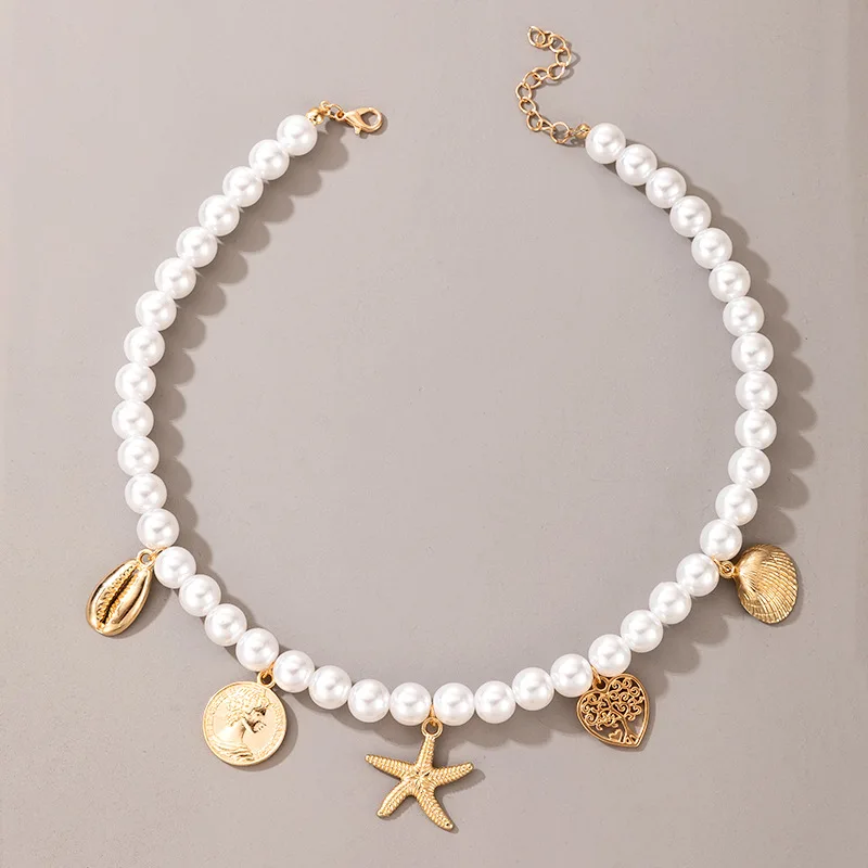

2021 Hot Summer Pearl Choker Necklace Women,Pearl Necklace Jewelry With Starfish Shells Pendant