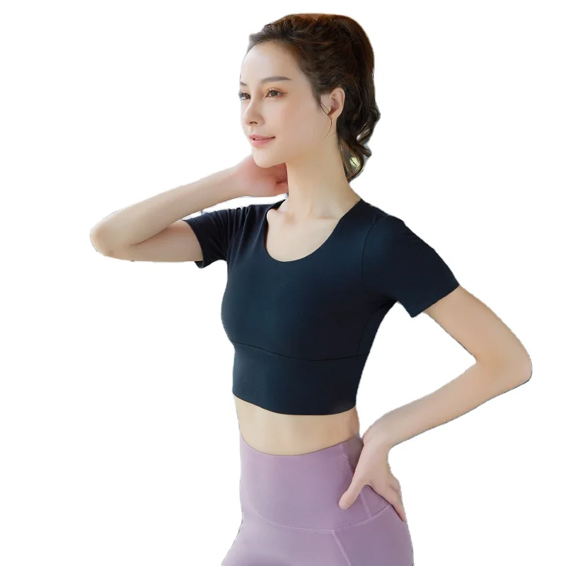 

Short-sleeved T-shirt With Beautiful Back Women's Self-cultivation Quick-drying Stretch Yoga Top Erogenous Zone Chest Pad Sports