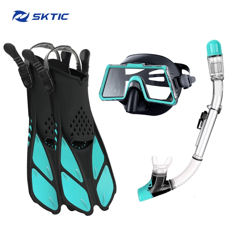 

SKTIC Newest High quality snorkel set silicone fins 180 wide view goggles dry top snorkel training fins for men and kids, Black green