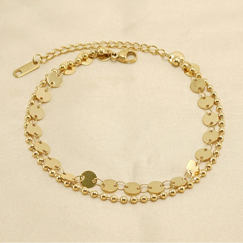 

Wholesale 18K Gold Plated Anklet Beads Circular Splice Anklet Double Layers Stainless Steel Anklet For Women