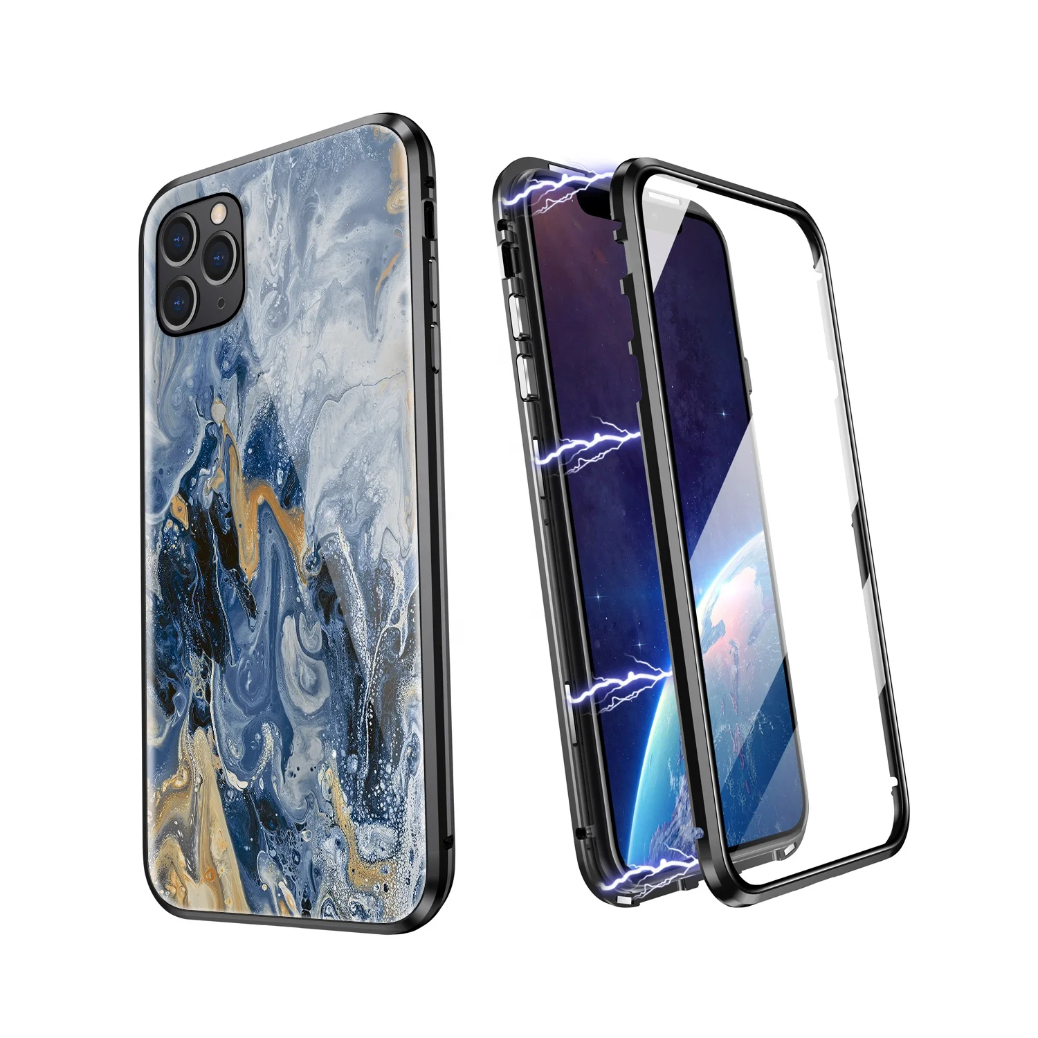 

ZHIKE New Coming 360 Degree Protective Clear Bumper Tempered Glass Magnetic Marble Phone Cover for iPhone 11 Pro, Black+mix color mable