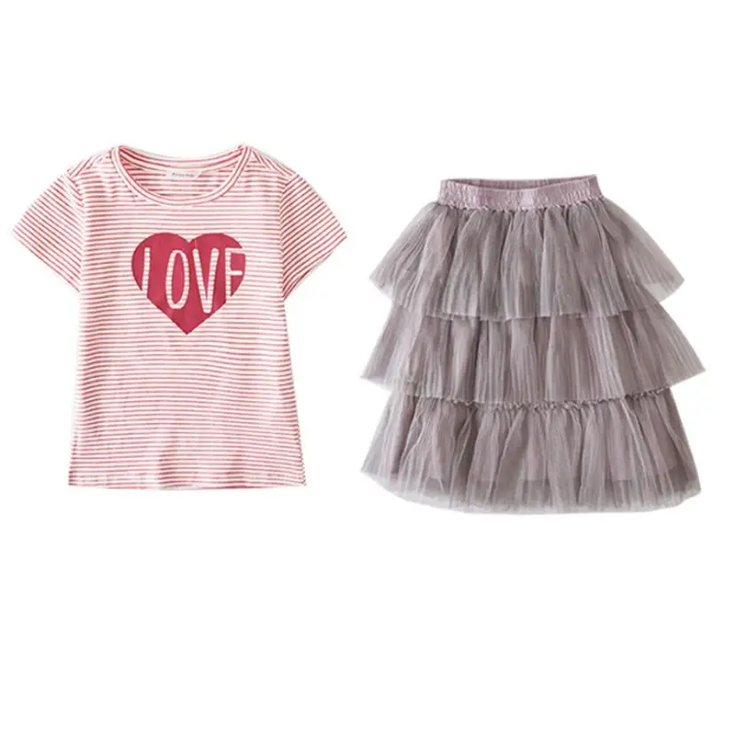 

Wholesale kids striped shirts and yarn skirts baby girls' cotton clothing sets big children summer suits, As picture