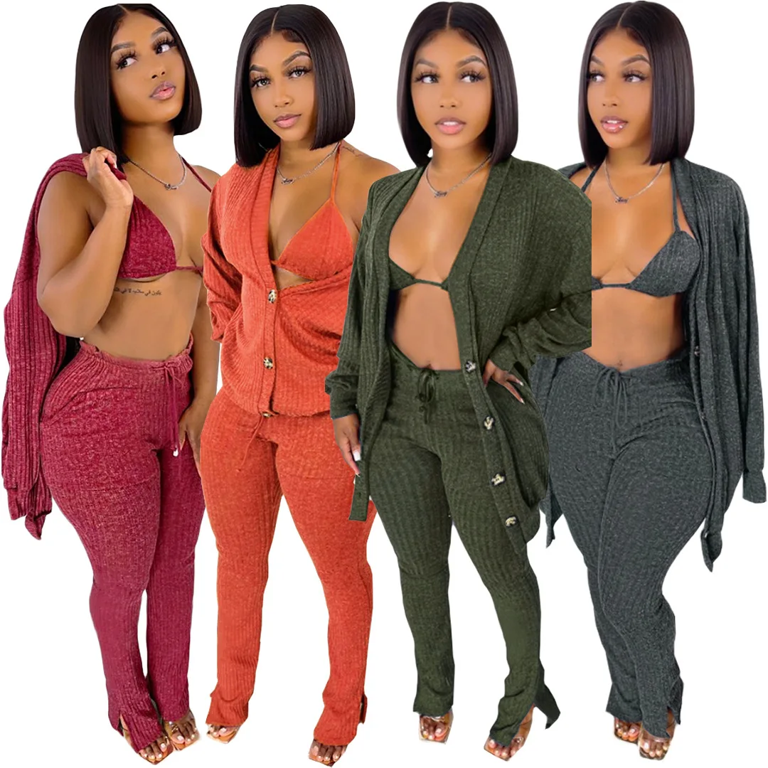 

Women's Clothing Wholesale Fall Sexy Club Wear Pockets Split Pants Three Piece Knit Women Sets Casual
