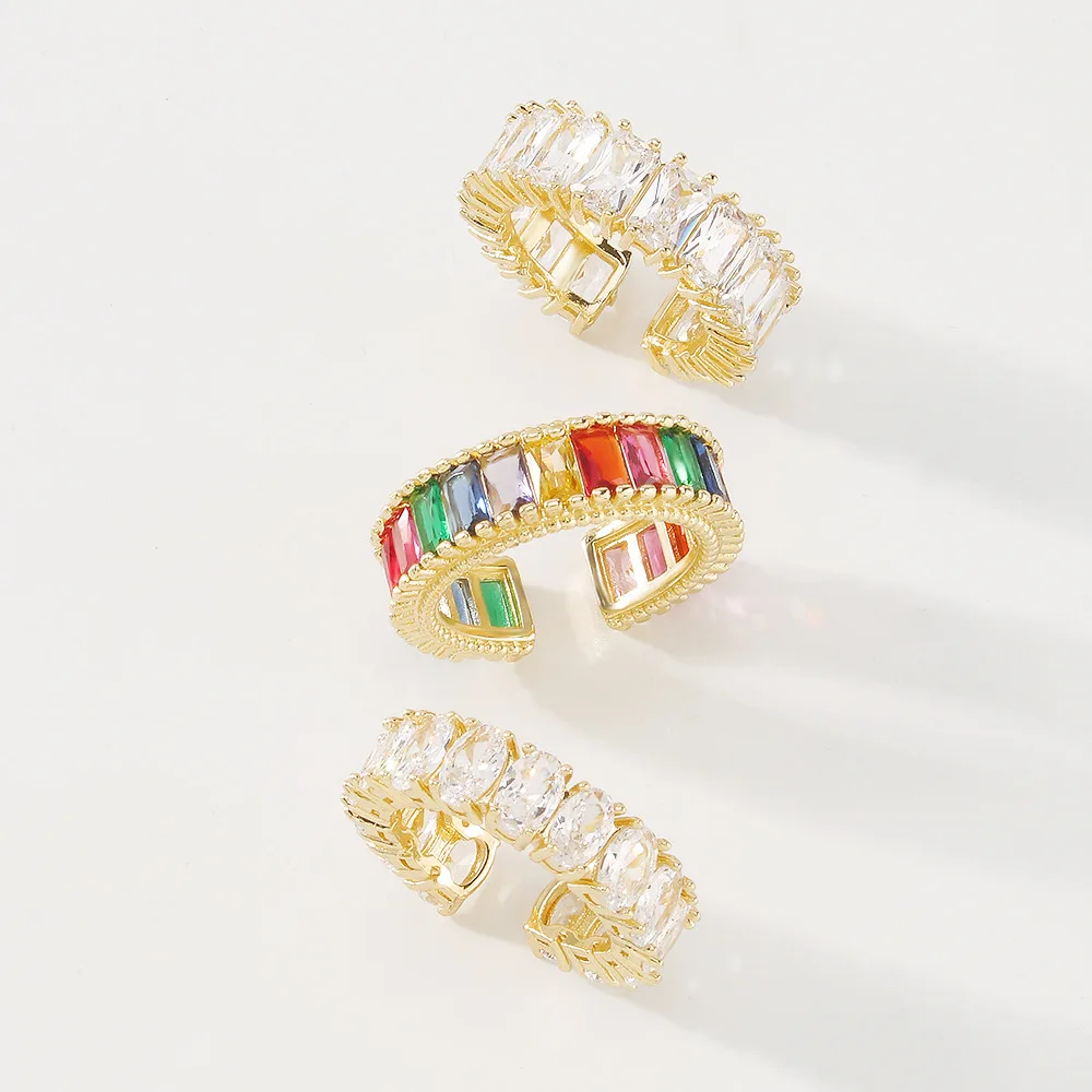 

Luxury Shiny 18K Gold Plated Full Diamond Wedding Rings Colorful Cubic Zircon Open Rings For Women Girl
