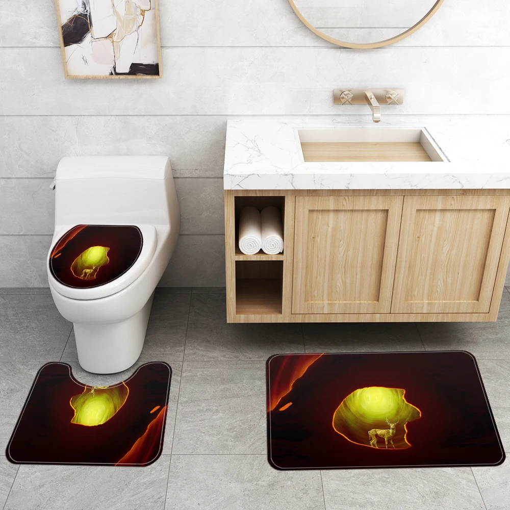 New Shower Curtain Lid Toilet Cover Bath Mat Rug with Hooks Bathroom Accessory Sets