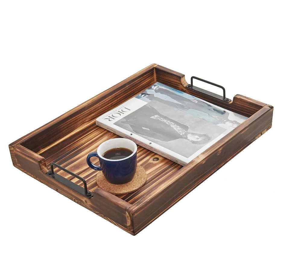 
decorative vintage rustic serving wood ottoman tray with metal handles wooden food coffee breakfast tray 
