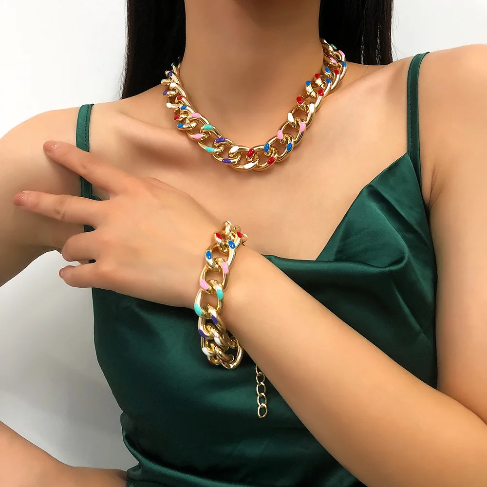 

Trendy Chunky Punk Enamel Colorful Gold Cuban Link Necklace Bracelet Jewelry Set, Picture shows