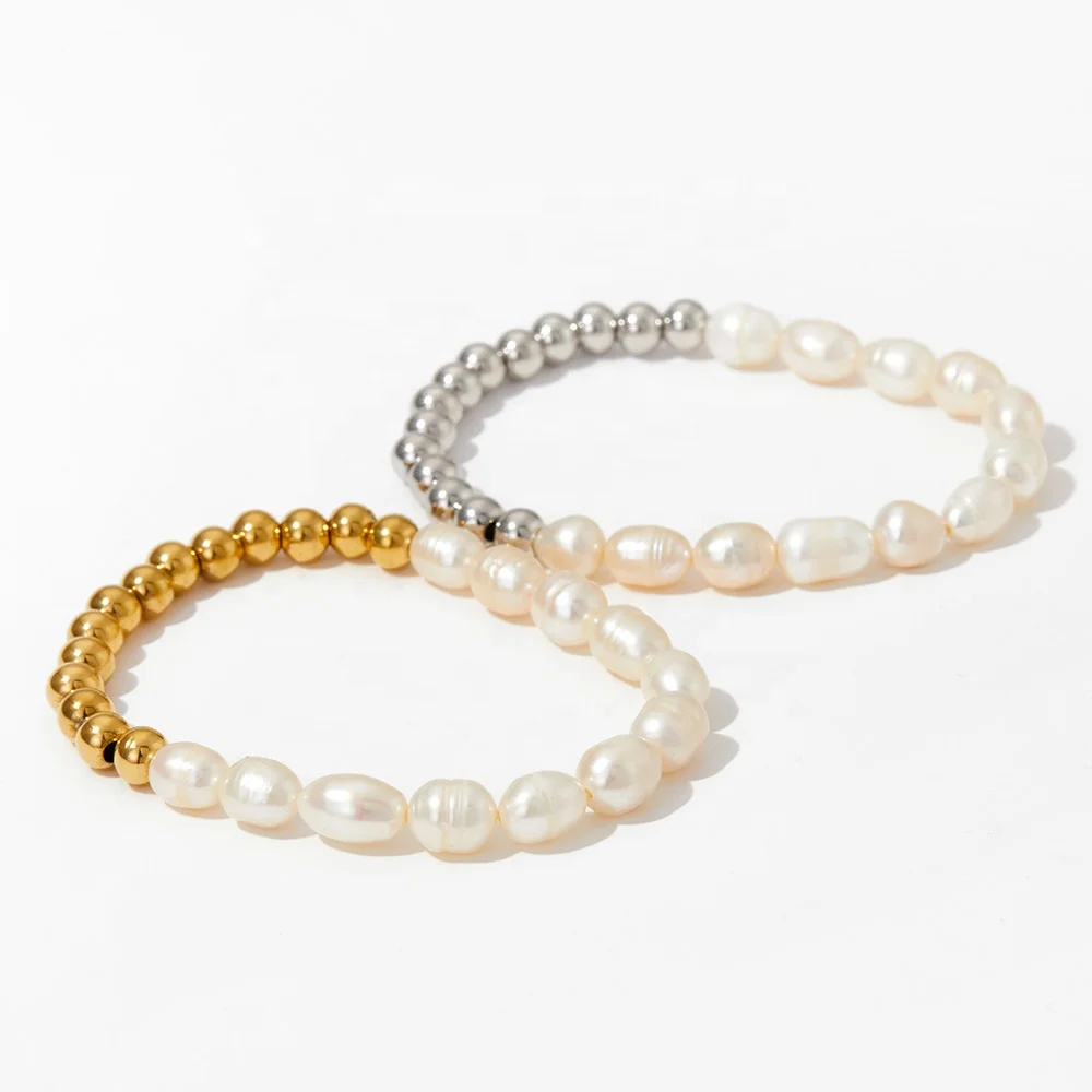 

Elegant Freshwater Pearl Stretch Gold Plated 6mm Beads Chain Beaded Bangle Bracelet Stainless Steel Women