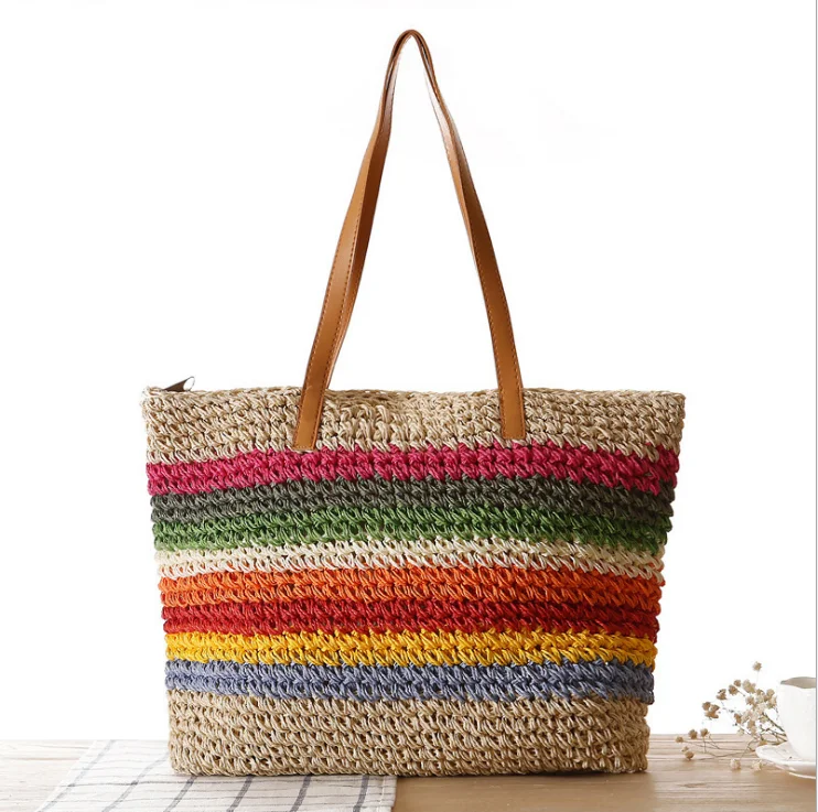 

Summer Women Rainbow Color Hawaii Big Paper Straw Beach Tote Bag, White,apricot