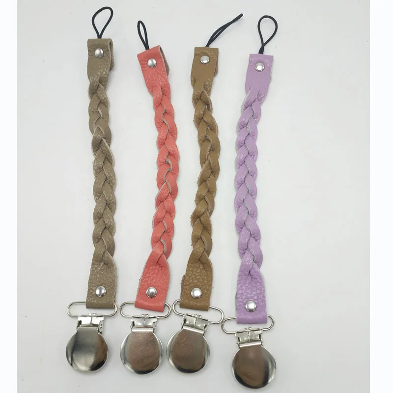 
fashion OEM custom logo braided leather dummy clips baby pacifier 