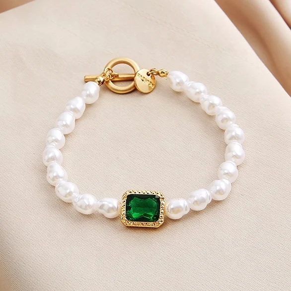

8MM Pearl Beaded Jewelry Fashion Women Square Green Gemstone Bracelet