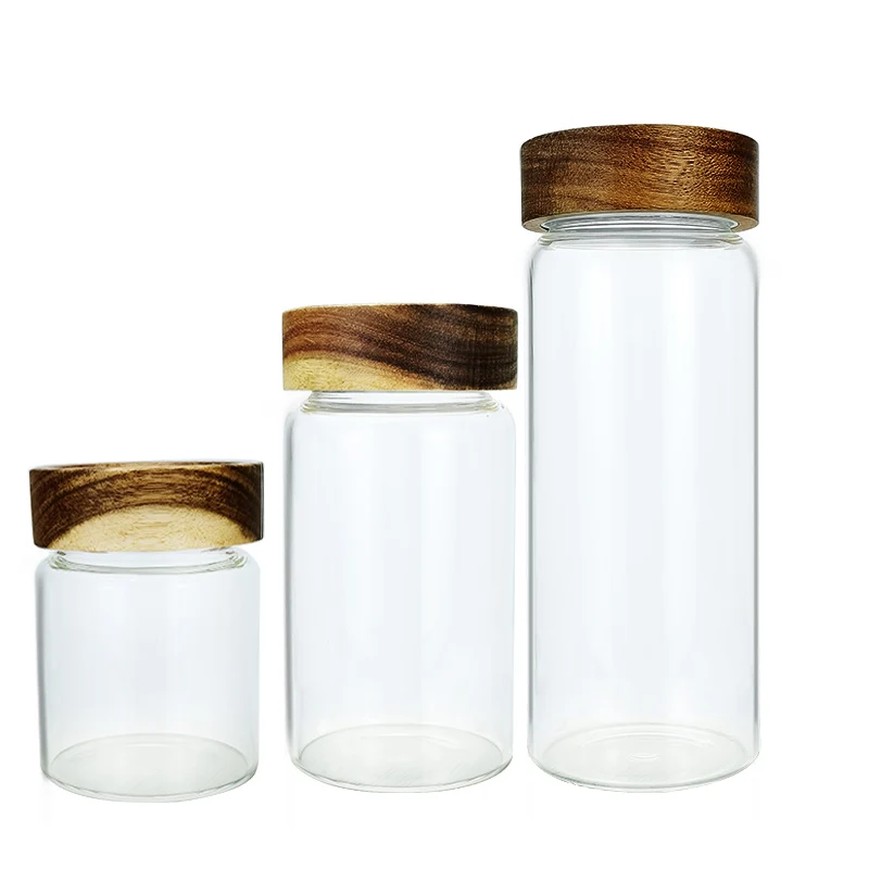

Empty clear glass borosilicate bee honey jars with wood bamboo lids for jam packing wholesale, Transparent