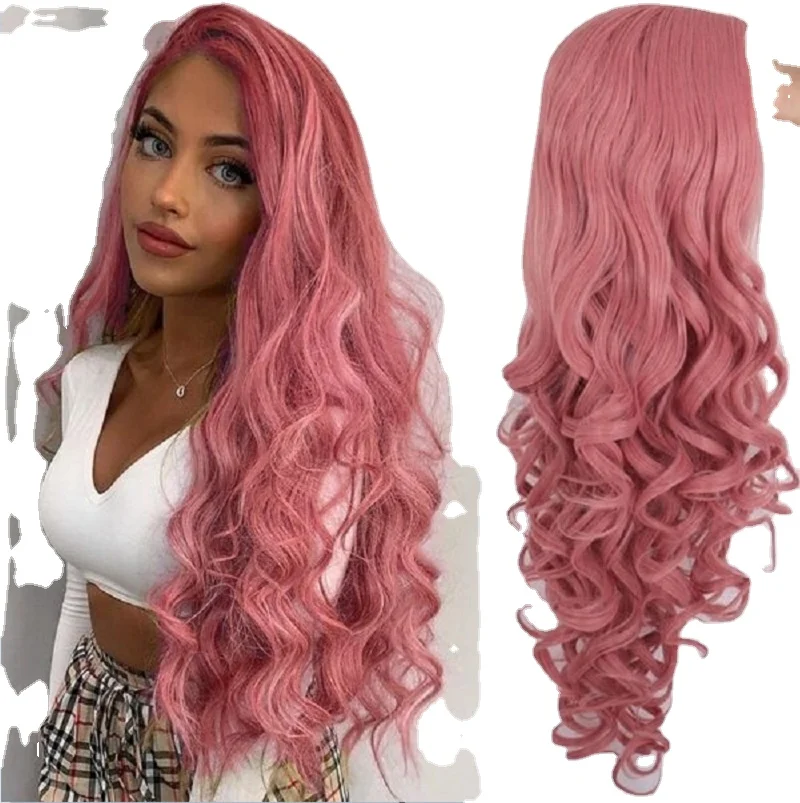 

Dropshipping Hot Sale Women Pink Long Curly Hair Wigs Middle Part Bangs Hair Head Cover Marcel Wave Hairpiece for Women