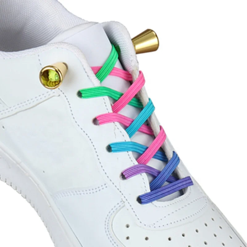 

New Design Printed Rainbow Color Custom Logo Elastic No Tie Shoe Lace Metal Aglet Polyester Print Sneaker Shoelace, Customized
