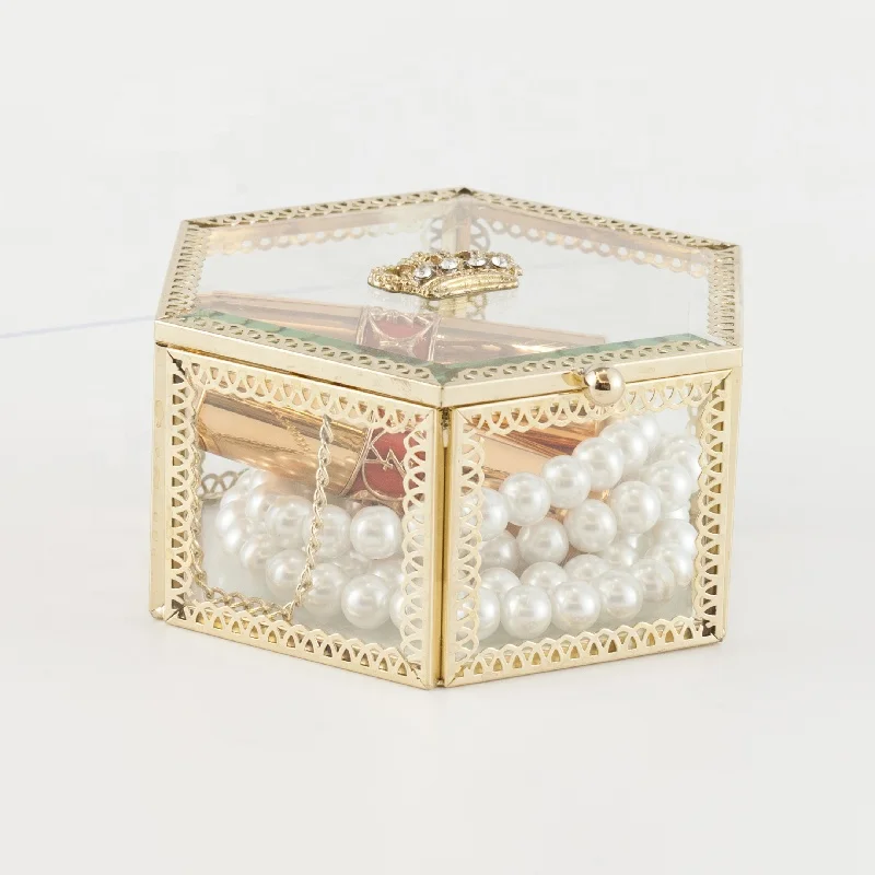 

Hexagon clamshell hinged glass vintage cosmetic jewelry box