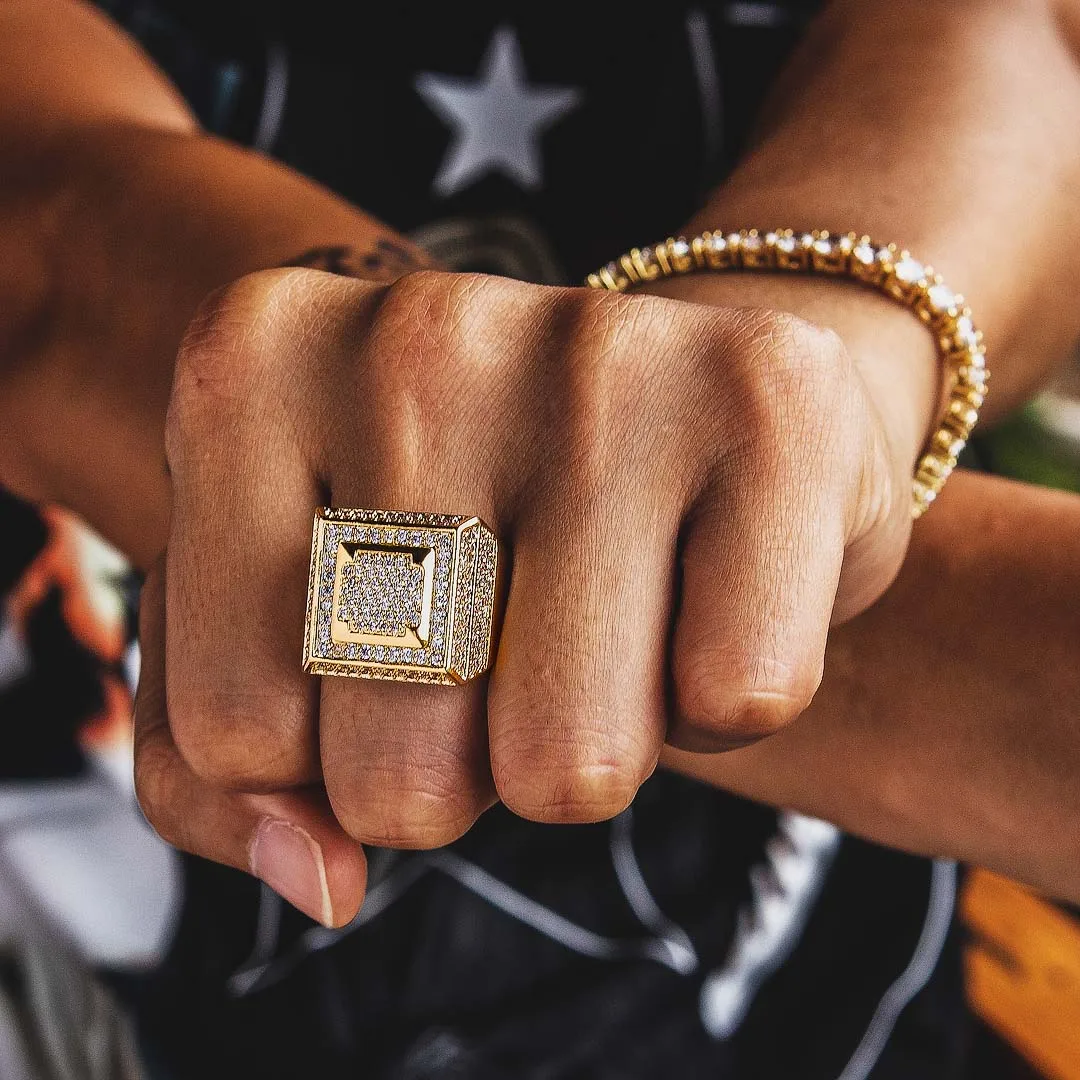 

KRKC Fashion 14K Gold Plated Vintage Engrave Logo Square Male Hip Hop Micro Pave Diamond Signet Rings Jewelry Iced CZ Men Ring
