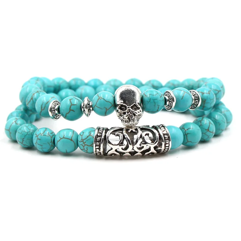 

GT ODM Pulseras De Piedras Naturales Elastic Buddha Skull Beads Hand Braclet Natural Turquoise Stone Bracelets Set, As picture