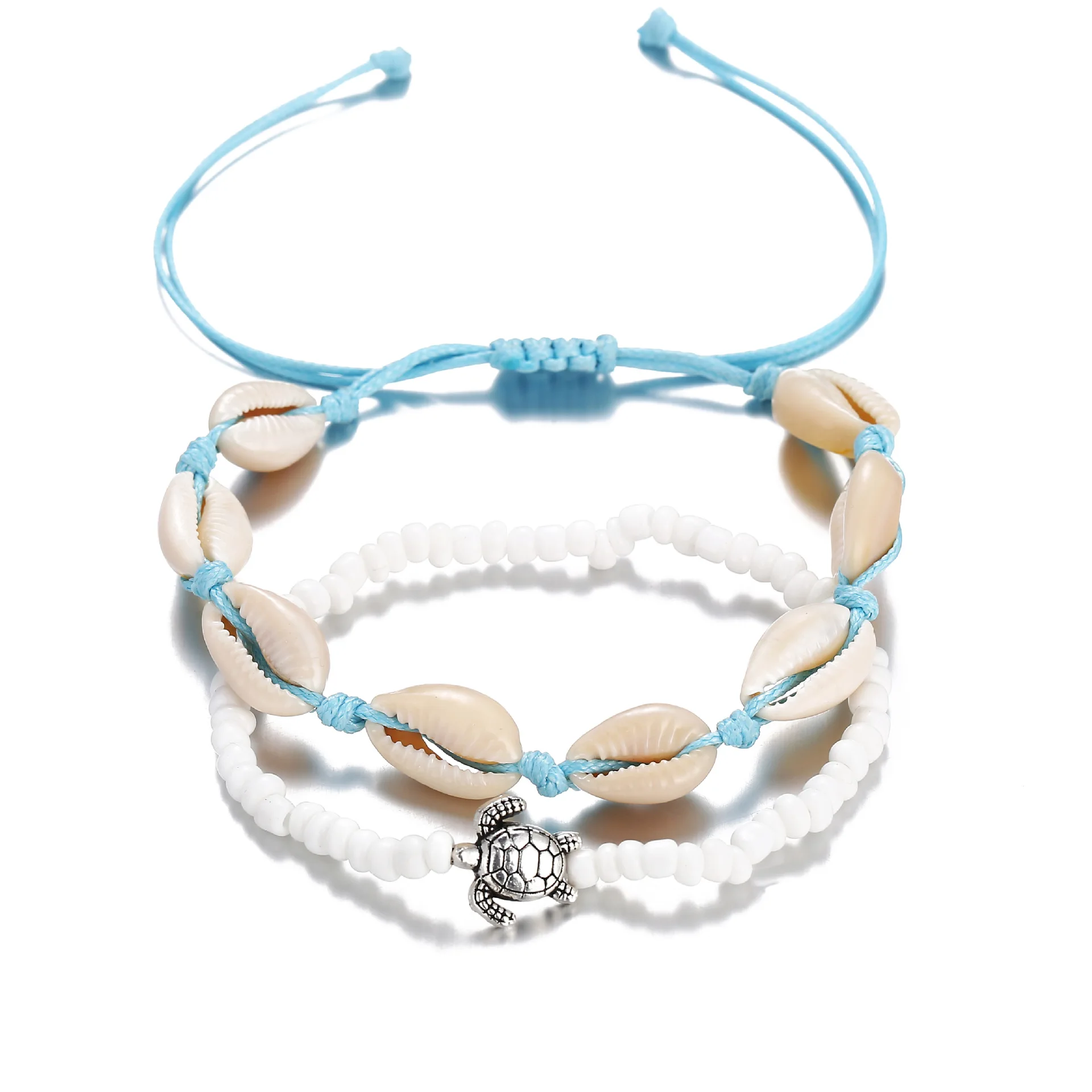 

Boho Style 2Pcs/set summer beach turtle natural shell beads adjustable anklets for ladies, White and blue