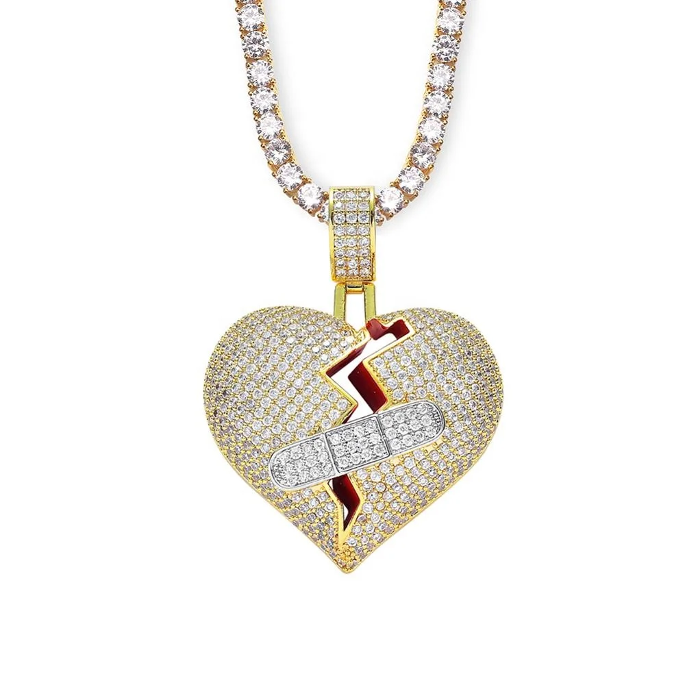 

Trendy Hip Hop Jewelry Band-aid Broken Heart Love Pendant Men Micro Pave Zircon Stone Necklace with OK Patch love Pendant Bijoux, Silver,gold