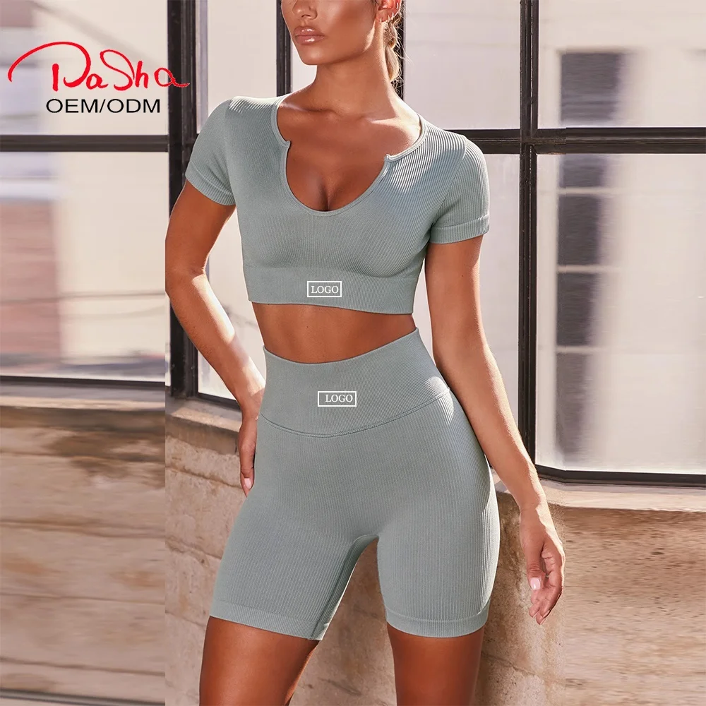 

Pashasunshine 2021 New Seamless Short Sleeve Crop top Shorts Set For Women Fitness Gym Yoga Wear, As picture