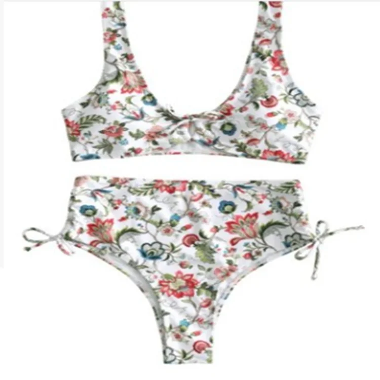 

Wholesale 2021 ladies latex bikini swimsuit designers swimsuit Women's Summer Split print high waist drawstring bikini swimsuit, #1
