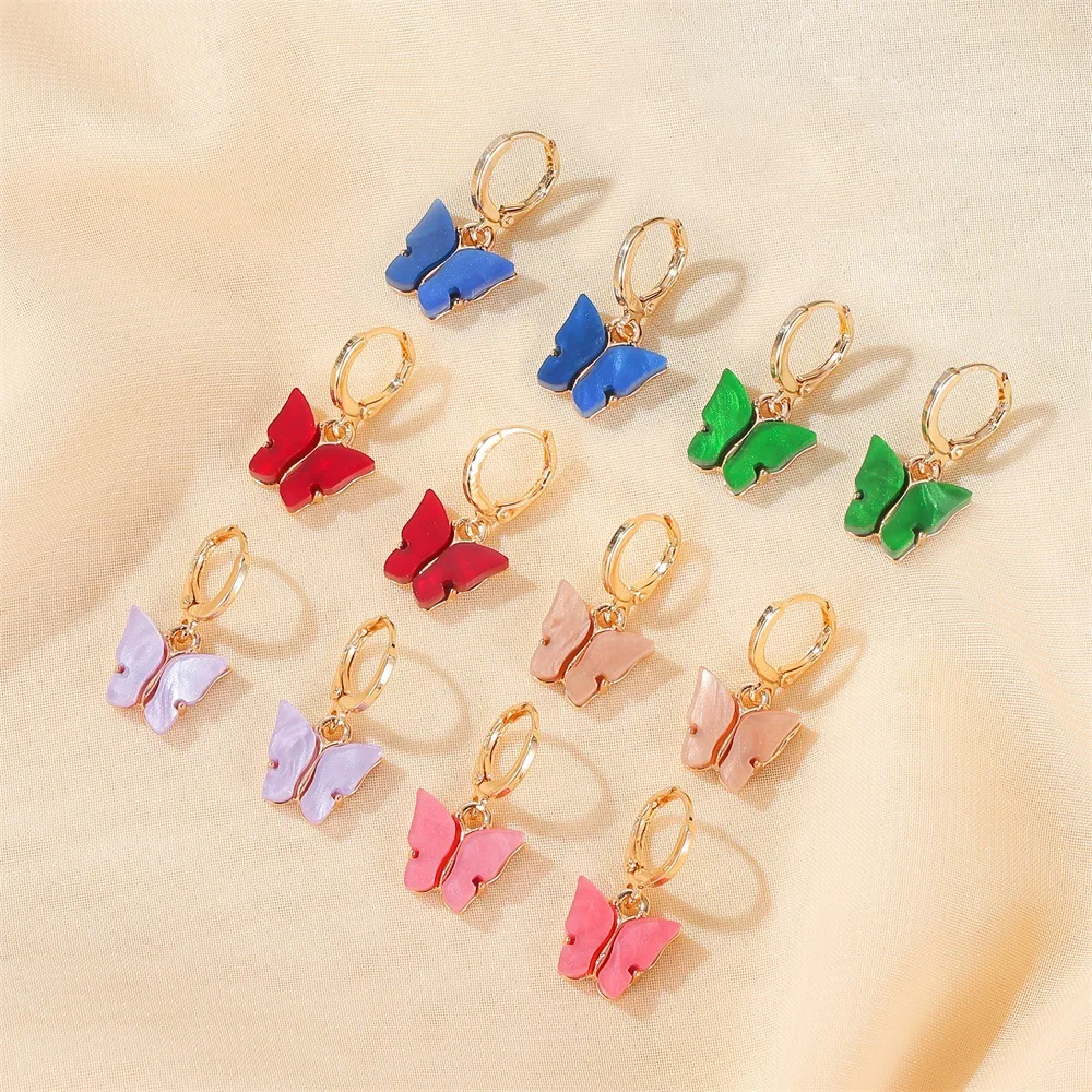 

2022 Korean Candy Colors Summer Resin Acrylic New Butterfly Gold Hoop Dangling Earrings for Women Girls, Picture colors