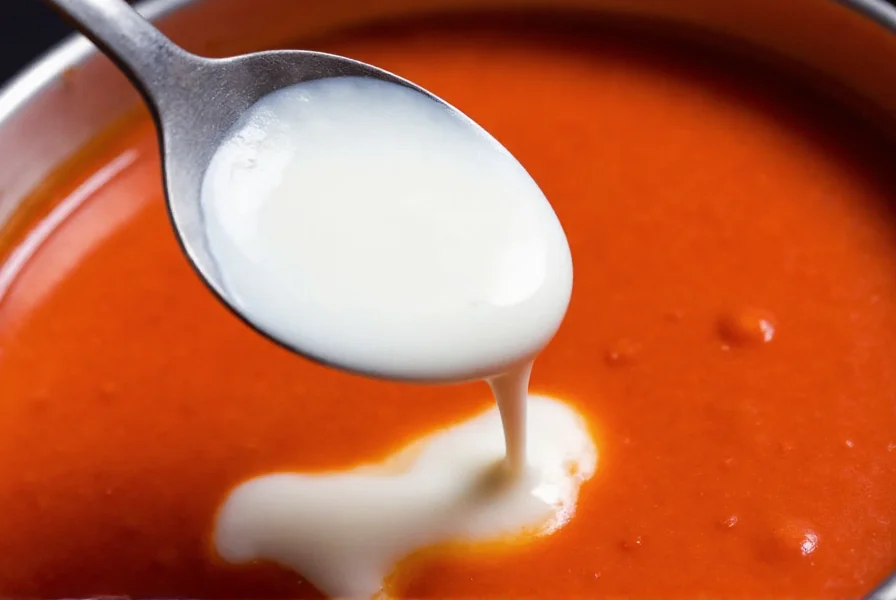 Close-up of sour cream being dolloped into a bowl of red chili to reduce spiciness