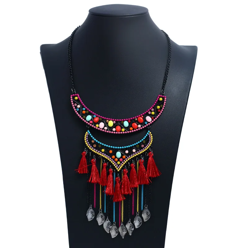 

XL006-30 New retro tassel leaf necklace mixed color alloy diamond bohemian jewelry women