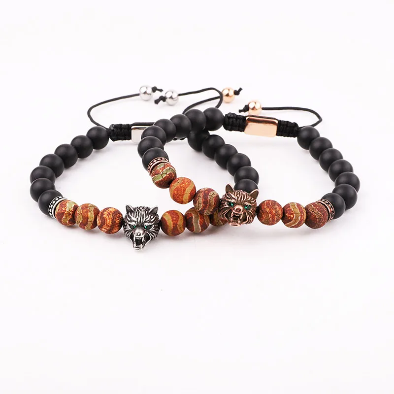 New Fashion Vintage Wolf Head Natural Stone Black Brown Agate Macrame Adjustable Beads Bracelet Men