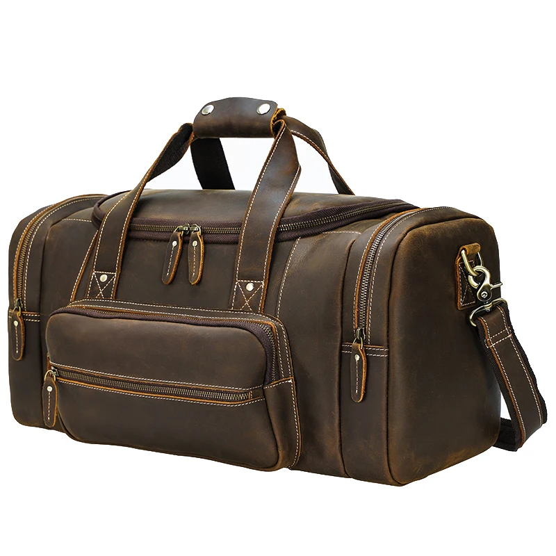 

2024 New Design Retro Large Mens Weekender Top Grain Crazy Horse Leather Travel Duffle Bag Overnight Bag For Man