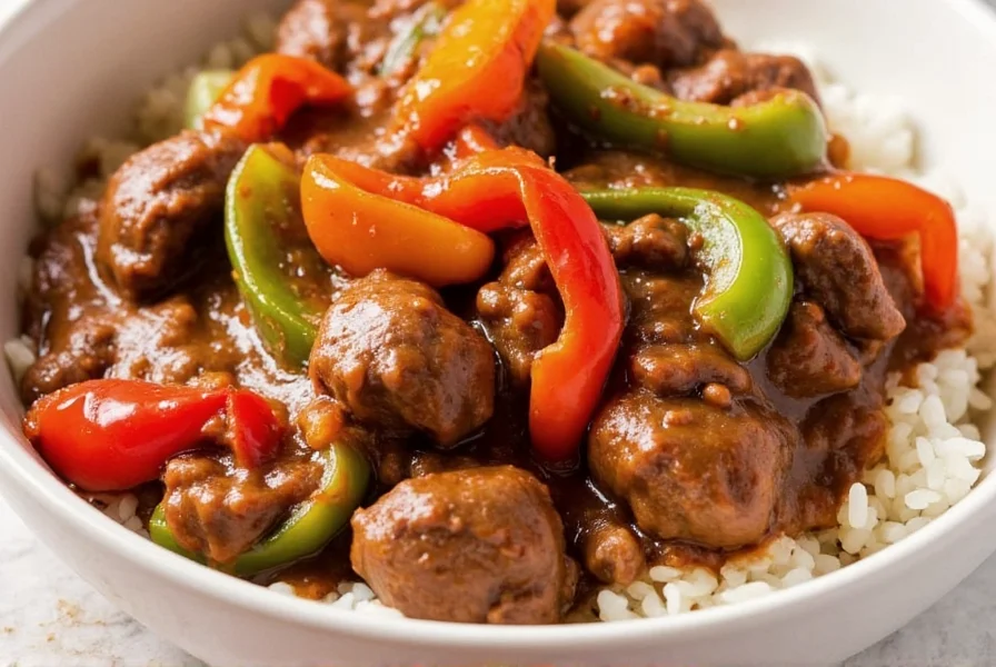 Close-up of tender crock pot pepper steak with vibrant bell peppers and glossy sauce served over white rice in a ceramic bowl
