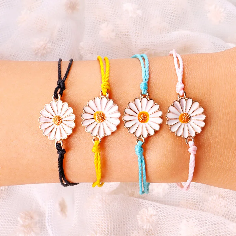 

2020 New Bohemian Trendy Design Women Small Flower Daisy Braided Bracelet Bangle Handmade Woven Sunflower Charm Bracelet, Picture