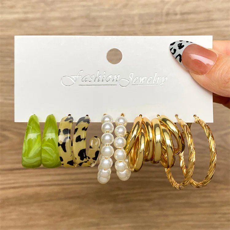 

Wholesale Vintage Boho Geometric Gold Metal Hoop Earrings Set Leopard Resin Pearl Dangle Drop Earring Jewelry For Women