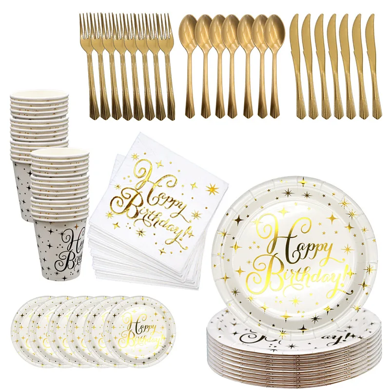 

Partycool Birthday Party Decoration Supplies Disposable Gold Foil Paper Tray Cup Straw Party Tableware Set