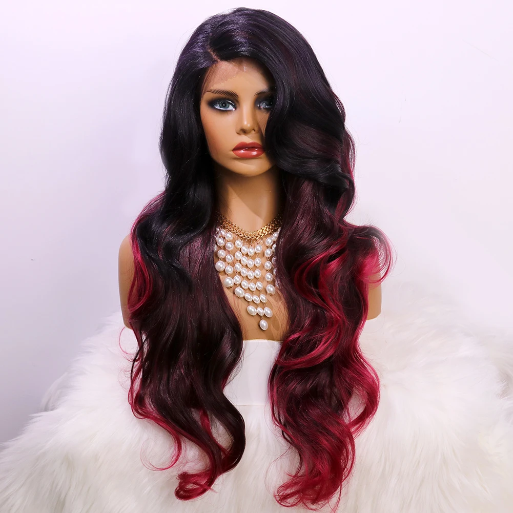 

Black Ombre Red Drag Queen Long Wave Synthetic Lace Wig Glueless Heat Resistant Hair Cosplay Colorful Lace Wig Amazon Hot Sale