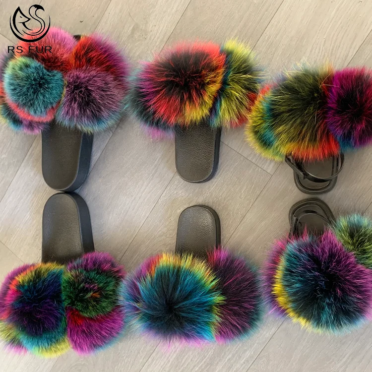 

Wholesale home indoor winter furry fluffy jelly slides women real fox fur slippers, Custom mixed colors as your need