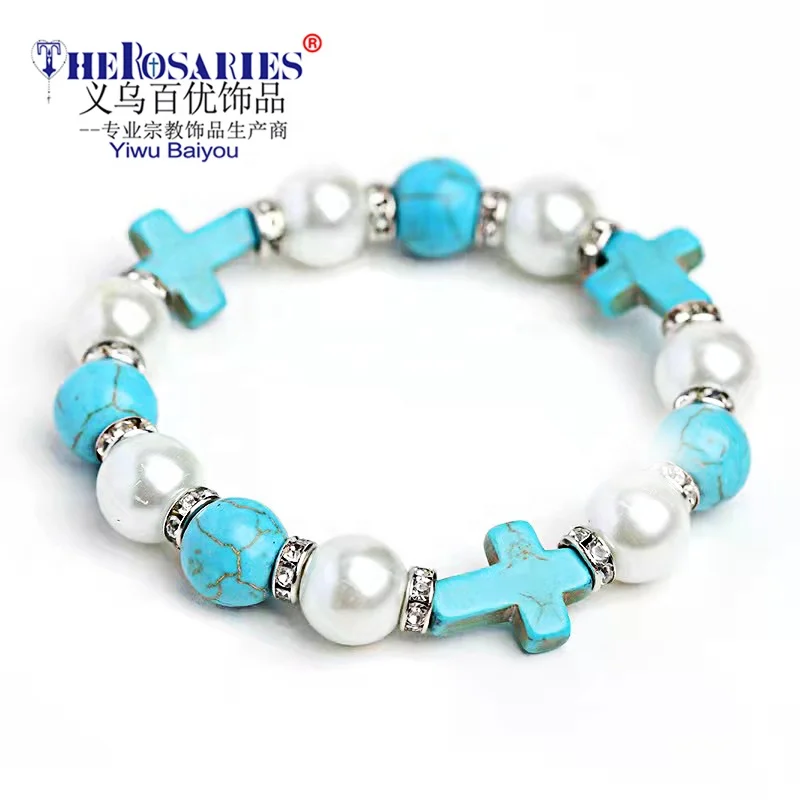 

Jesus Cross Charm Blue Turquoises Pearl Men Women Bracelet Black Lava Stone Beads Lucky Bracelet Prayer Fitness Couple Bangles